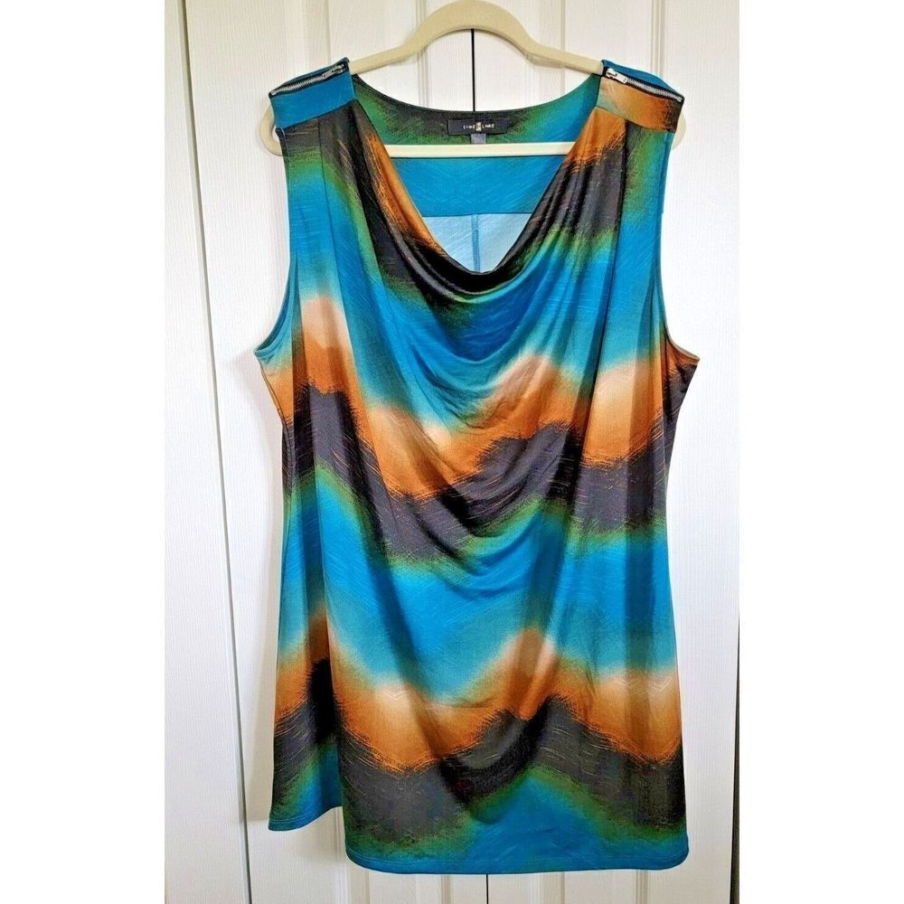 Time Line 3X Browns/Blues Tie Dye Zipper Shoulder Drape Neck Top Tank Shell